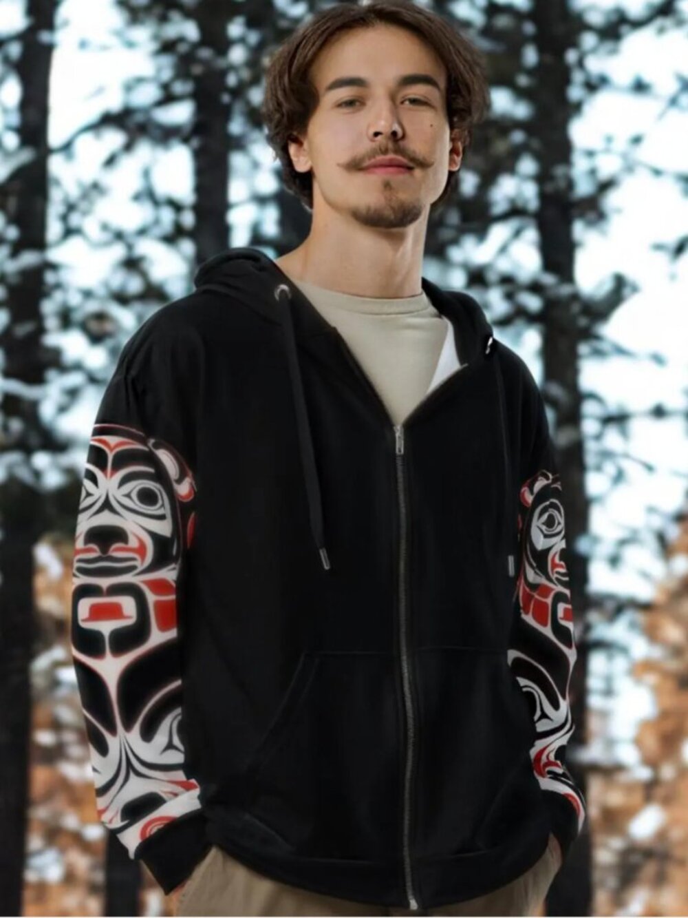 Zippered black Hoodie with Haida Tlingit design. Size L - Picture 5 of 14
